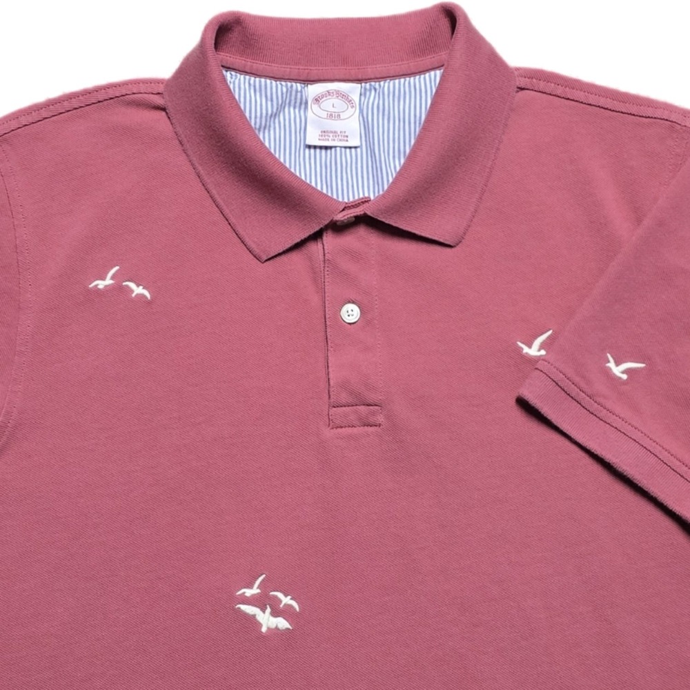 Brooks Brothers‎ Polo Shirt Mens L Dusty Rose Pink All Over Bird Embroidered